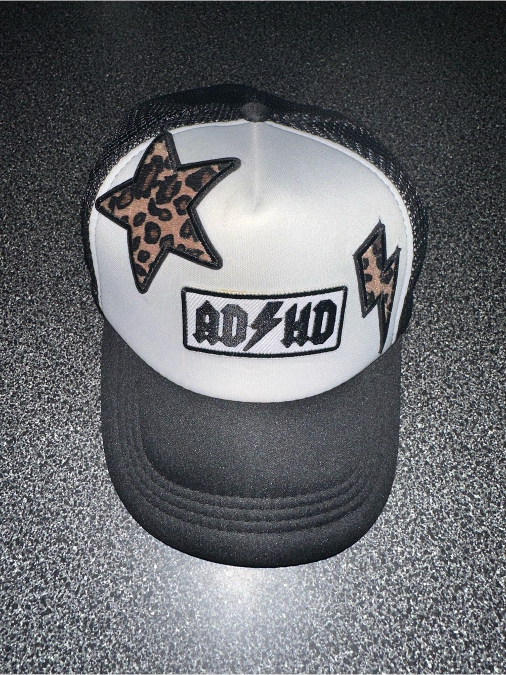 White and Black Trucker Hat with Leopard Star and Lightning Patch